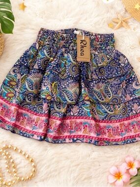 Rhea Costa Navy Paisley Tiered Skirt with Pink Border